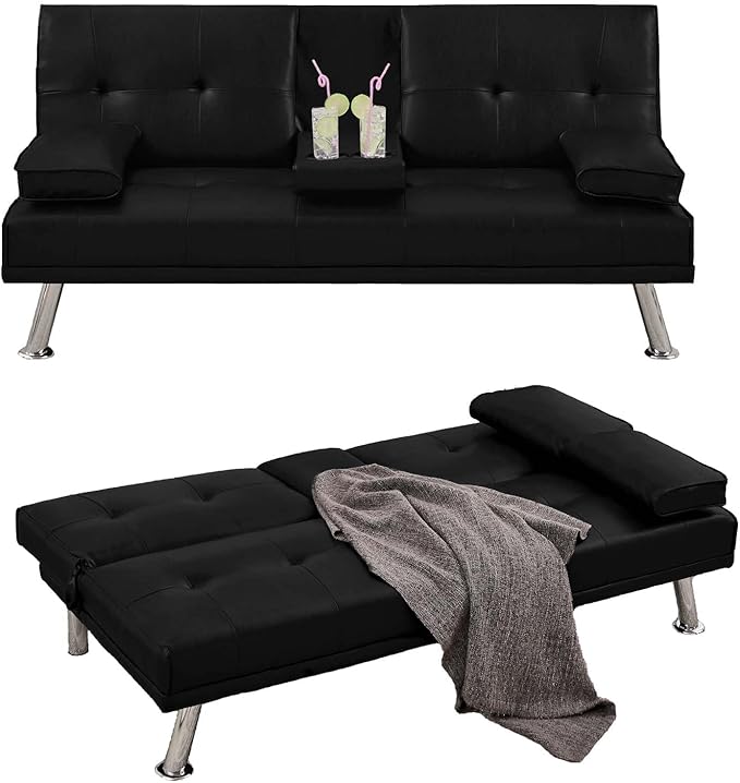 Futon Sofa Bed Modern Faux Leather Couch, Convertible Folding Futon Couch Recliner Lounge for Living Room with 2 Cup Holders with Armrest (Leather, Black)